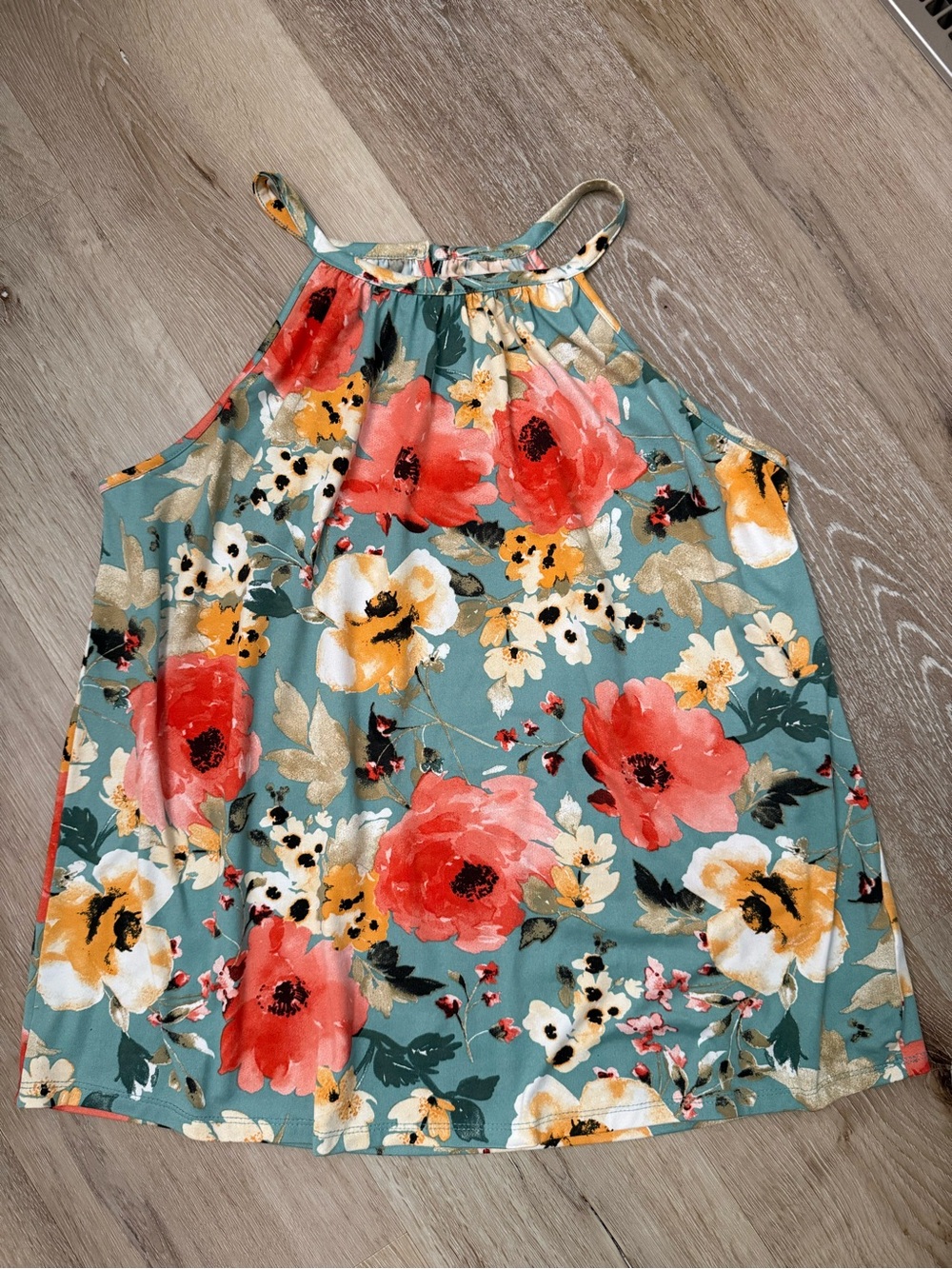Papermoon Teal Floral Halter Tank with Coral & Yellow Blooms Size L
